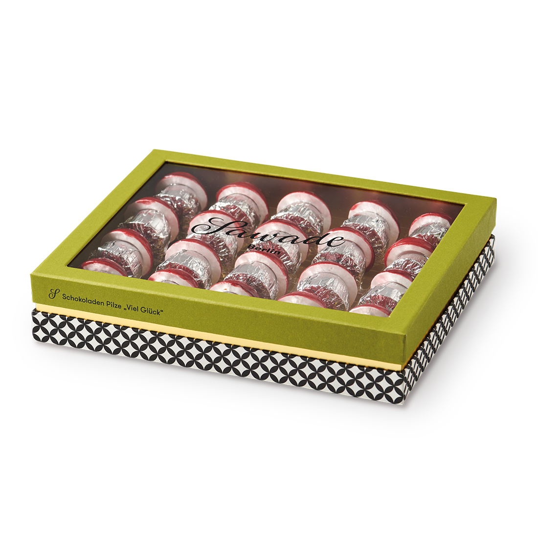 Große Schachtel Schokoladen-Pilze »Viel Glück!«